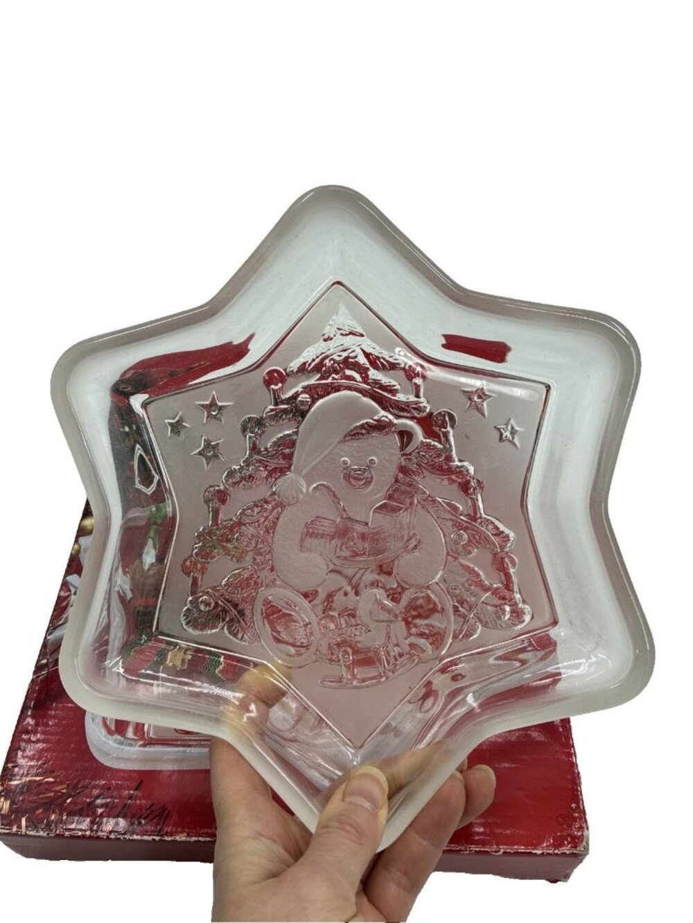 Mikasa Christmas Glass Dish Teddy Bear Star Candy Trinket Holiday Decor Vintage